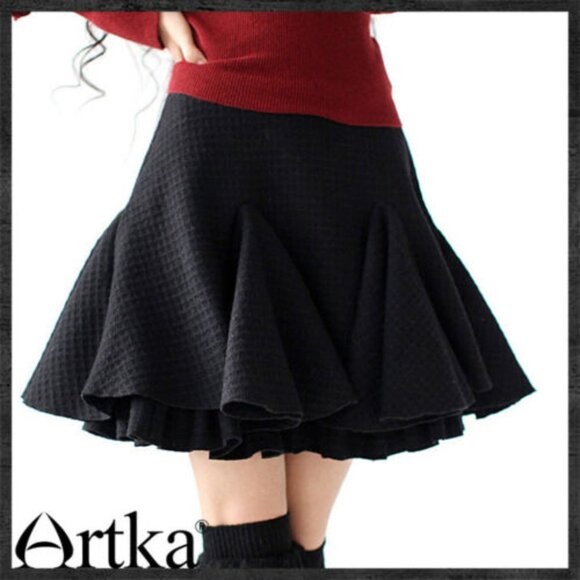 ARTKA GOTH SCHOOLGIRL BLACK DOUBLE PLEATED WOOL VERY FULL MINI SKIRT S M ASIA XL - Picture 1 of 9